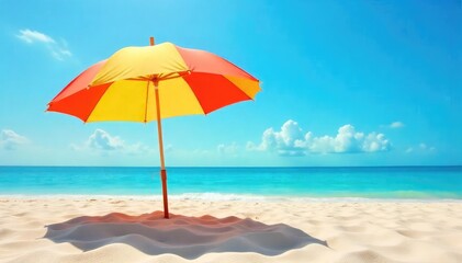 Fototapeta premium A vibrant beach umbrella casts a cool shadow on the warm sand, providing a tranquil escape from the sun Perfect for summer vacation themes and travel imagery , blue, idyllic, heat