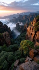 Majestic Rocky Mountains at Sunrise with Fog and Lush Greenery Capturing Natural Serenity and Beauty in a Breathtaking Landscape Scene