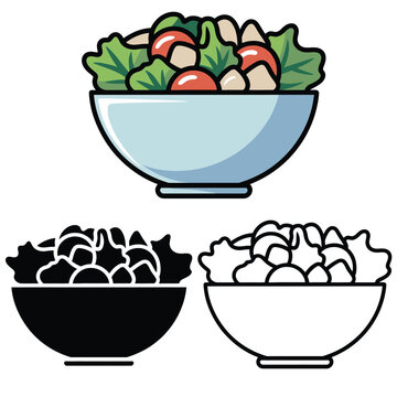 Salad bowl variations with vegetables in color and monochrome styles