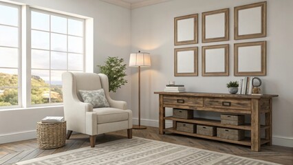 Inviting living area with a plush armchair, rustic console table, and large windows