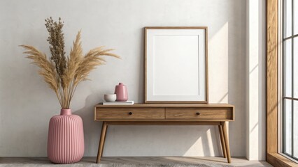 Elegant entryway with a wooden console table, pink vase, and pampas grass