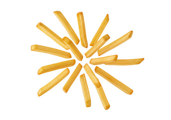 Golden French Fries Starburst: Crispy Potato Sticks Arranged Radially on White Background