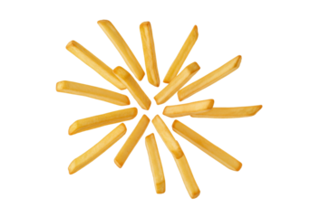 Golden French Fries Starburst: Crispy Potato Sticks Arranged Radially on White Background