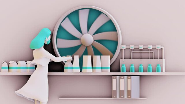 Modern 3D animation of female scientist working in pharmaceutical laboratory with bottles, tubes and large fan, representing medicine production, healthcare innovation, research, biotechnology and dru