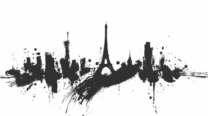 Obraz premium Paris skyline silhouette in expressive black ink brush stroke art featuring Eiffel Tower landmark