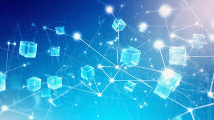 futuristic abstract background, blue and white gradient, geometric transparent cubes, digital network lines, glowing particles, modern technology theme - Powered by Adobe