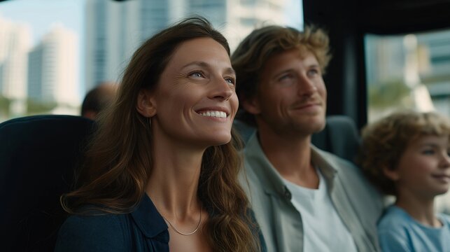 Family enjoying AI-assisted environmental monitoring in city parks, showing happiness and engagement, symbolizing ecological urban management, smart infrastructure, and human emotional connection.