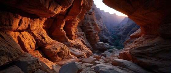 Breathtaking Canyons at Sunset with Vibrant Rock Formations and Serene Landscape under a Golden Light