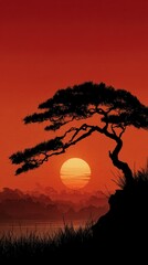 Serene Sunset Over Silhouetted Tree and Tranquil Water Landscape at Dusk with Vibrant Orange and Red Sky Hues