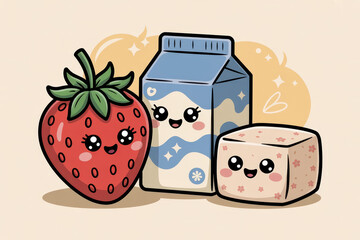 Cute kawaii strawberry, milk carton, and tofu with happy faces in adorable style