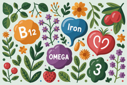 Colorful array of nutrient-rich plants with b12, iron, omega, heart, and flax elements