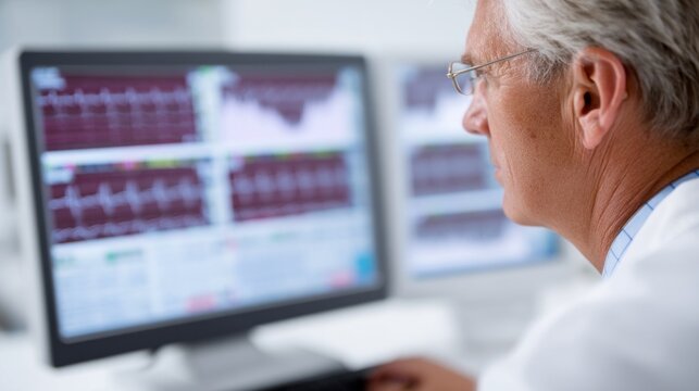 An experienced researcher focuses intently on computer screens displaying intricate cardiac activity data