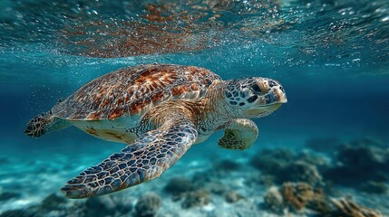 Sea Turtle Gliding Over Coral Reef Beneath Sunlit Turquoise Tropical