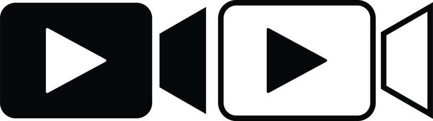 video camera icon with play pause and block symbol. Video Camera Icon Set – Play, Pause, and Block Symbols in Black and Outline Styles. Video streaming symbol with play and pause  
