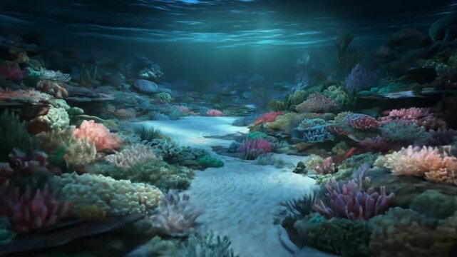 Underwater coral reef scene with diverse marine life and colorful environment