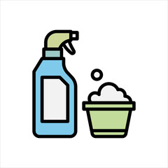 A vibrant flat-design vector icon showcasing essential cleaning supplies, including a versatile spray bottle and a bucket of suds, perfect for illustrating household chores, sanitation, and hygiene