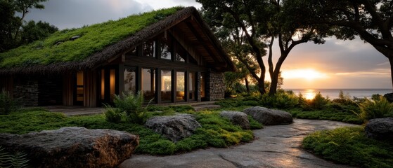 Serene Eco-Friendly House with Green Roof and Stunning Sunset Over Calm Ocean in Nature Setting