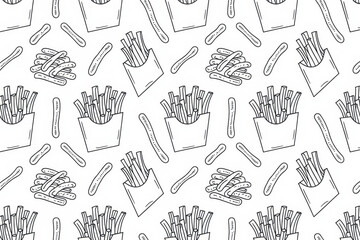 Seamless pattern of hand drawn french fries and pickles in black and white