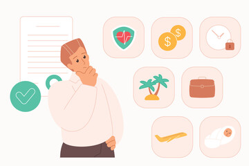 Employee benefits, motivation, bonuses and incentives. Tiny man thinking about advantages of employers contract, package of health insurance and vacation, travel and career cartoon vector illustration