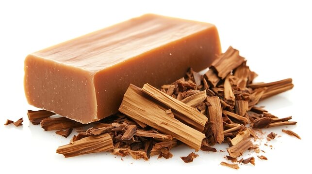 Aromatic Sandalwood Soap Bar Displayed with Fragrant Wood Chips on White Surface