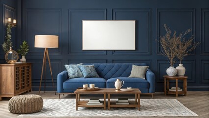 Elegant blue sofa in a stylish living room with a wooden coffee table and floor lamp