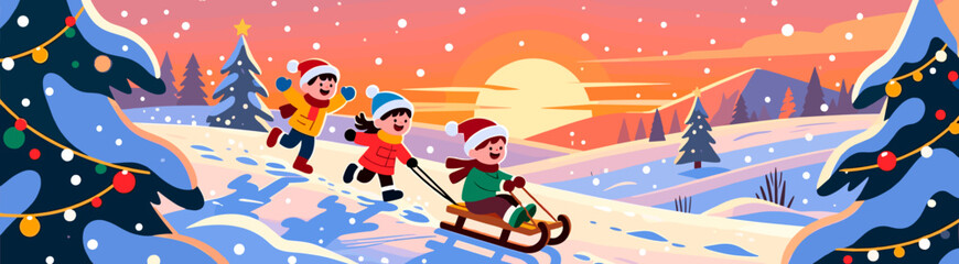 Fototapeta premium Kids sledding at sunset in Christmas landscape illustration