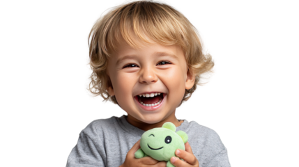 Boy holding a toy, feeling happy, transparent background