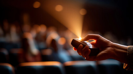 hand hovering over a wireless presentation clicker projector light cone and audience seating defocused warm stage spill bottom strip clean presentation