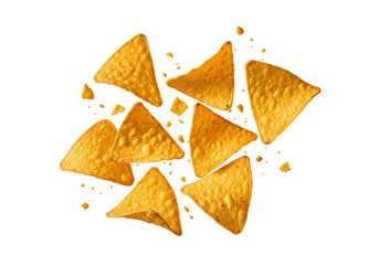 Crispy Golden Tortilla Chips Scattered with Crumbs on White Background - Delicious Mexican Snack Overhead