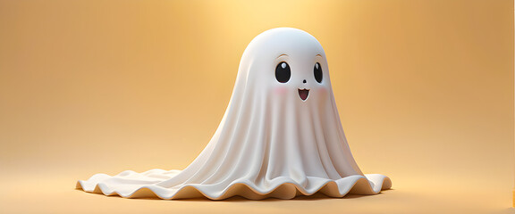 Cute ghost character on golden background. Adorable white ghost with blushing cheeks. Soft ghost illustration with gentle fabric folds. 