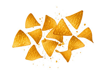 Scattered Golden Nacho Tortilla Chips with Crumbs on White, Top View