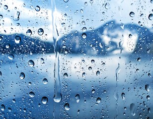 Drops on glass, blurred mountain lake, and cloudy blue sky