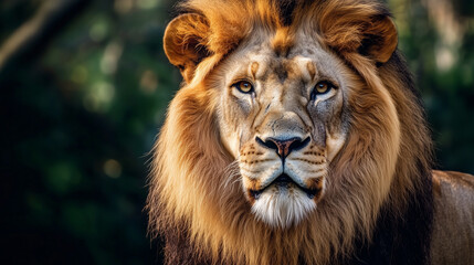 Fototapeta premium lion with fluffy mane looking away in savanna. Detail face lion.