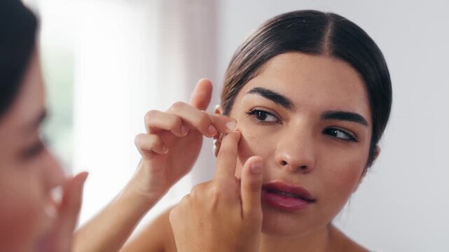 Video of beautiful woman removing pimple from her face while looking at the mirror in a bathroom home.