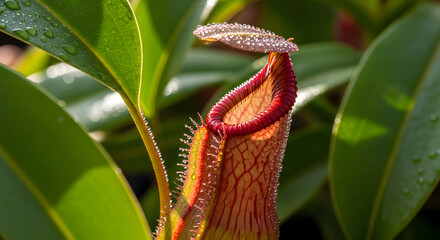 Close up of a vibrant pitcher plant with intricate details and textures.