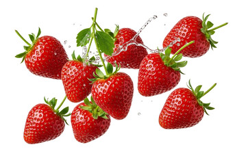 Fresh Ripe Strawberries with Dynamic Water Splashes on White Background