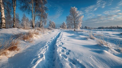 Snowy Forest Path Through Frosted Pines Under A Bright Blue Winter