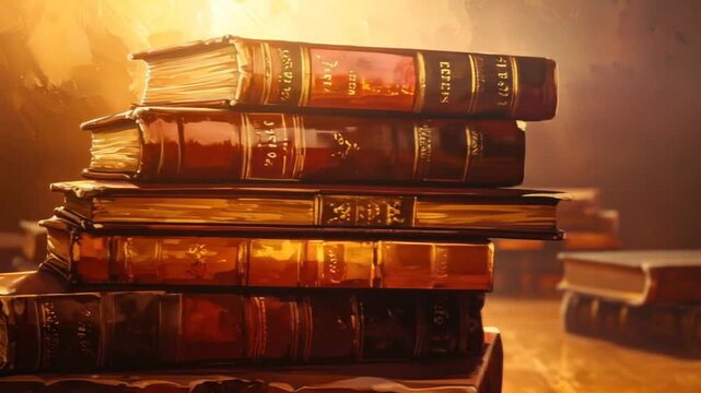 An Artistic Depiction of Antique Books in a Warm, Golden-Lit Study Environment