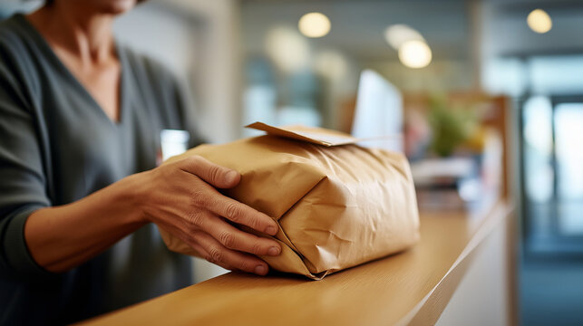 torso only of a courier handoff neutral parcel exchanged over a reception counter directory board defocused soft overhead light right margin clear package