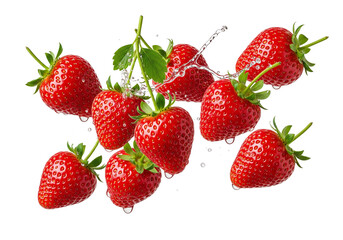 Fresh Red Strawberries Splashing with Water Drops Isolated on White Background