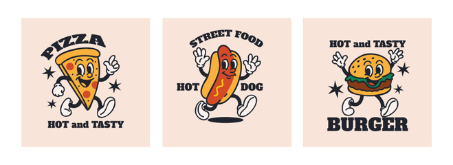 Happy Fast food characters. Vintage mascot waving hands. Hot and tasty cafe and restaurant label or emblem. Poster or card. Pizza, hotdog and burger. Vector cartoon flat style isolated illustration
