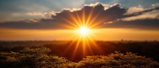 Breathtaking Sunset Over a Scenic Landscape with Sun Rays Peeking Through the Clouds and Lush Green Foliage in Foreground