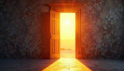 A warm, inviting sunlit doorway, hinting at a bright and hopeful future, a welcoming embrace Perfect for concepts of new beginnings, optimism, and positive energy , sunlight, open
