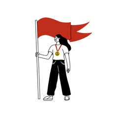 Winner people. Woman with gold medal hold red flag. Award ceremony. Happy young sportsmen or businesswoman with medal achieve goal. Successful girl with goblet. Vector cartoon isolated illustration