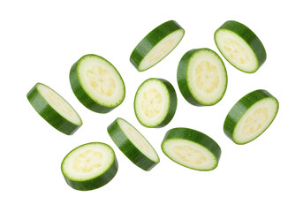 Fresh Green Cucumber or Zucchini Slices Isolated on White. Healthy Raw Vegetable Pieces, Falling or Scattered for Salad Ingredients & Cooking.