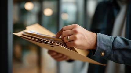 detail of hands placing neutral NDA forms into a manila folder background glass wall defocused soft top light left column blank NDA documents defocused off