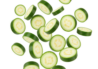 Fresh Zucchini Slices Falling on White Background - Dynamic Vegetable Concept