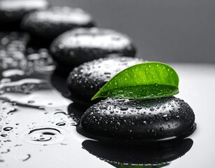 Black stones in a row, with a green leaf in the middle