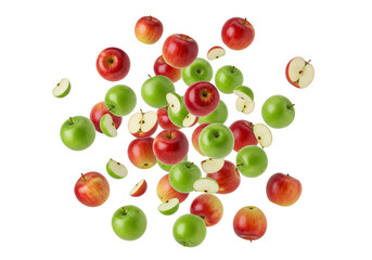 Fresh Red and Green Apples Falling: Dynamic Mix of Whole and Sliced Healthy Fruits on White Background