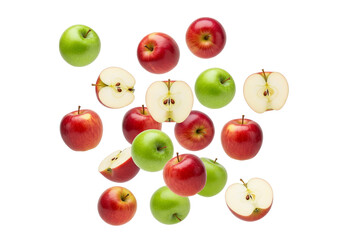 Vibrant Red and Green Apples: Fresh Whole and Halved Fruit Floating on White Background